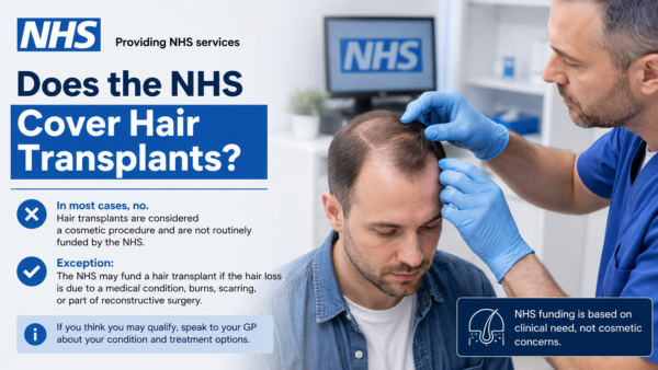 Does the NHS Cover Hair Transplants infographic showing a hair transplant consultation in a medical clinic with NHS-style healthcare branding and information about cosmetic procedure coverage.