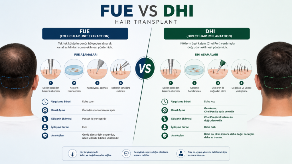 FUE VS DHI hair transplant comparison graphic with modern orange and black typography on a clean white background.