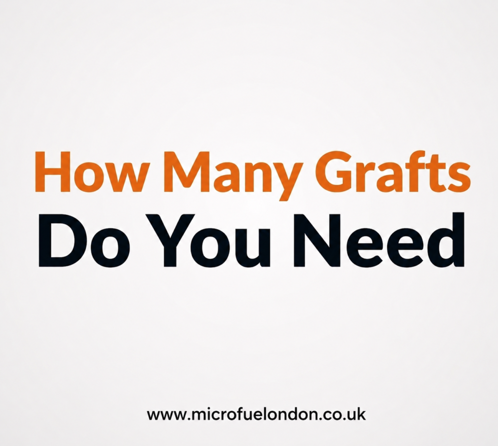 How Many Grafts Do You Need for a Hair Transplant in London or Turkey infographic explaining estimated graft numbers for natural hair restoration procedures with FUE and DHI techniques.